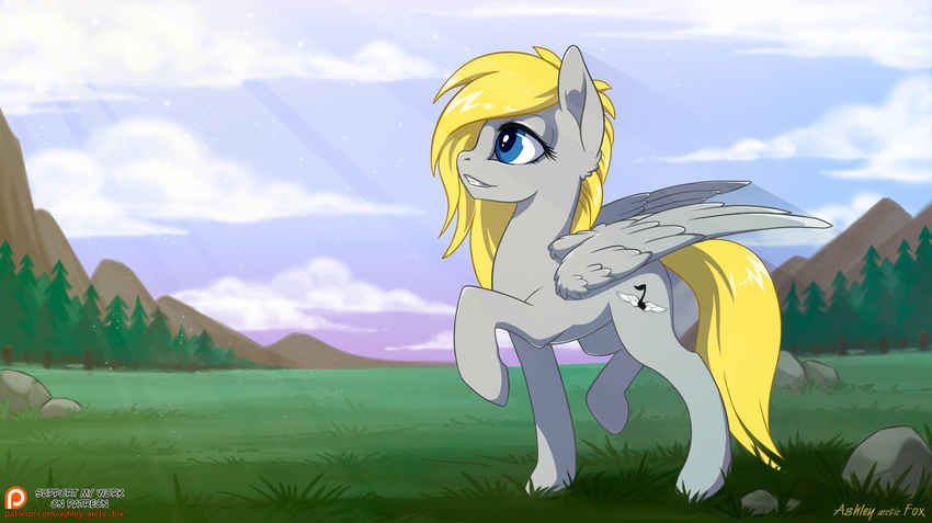 ashley-arctic-fox blonde_hair blue_eyes cutie_mark day equine fan_character feathered_wings feathers female feral fur grass grey_feathers grey_fur hair hooves mammal my_little_pony nude outside pegasus sky smile solo standing wings