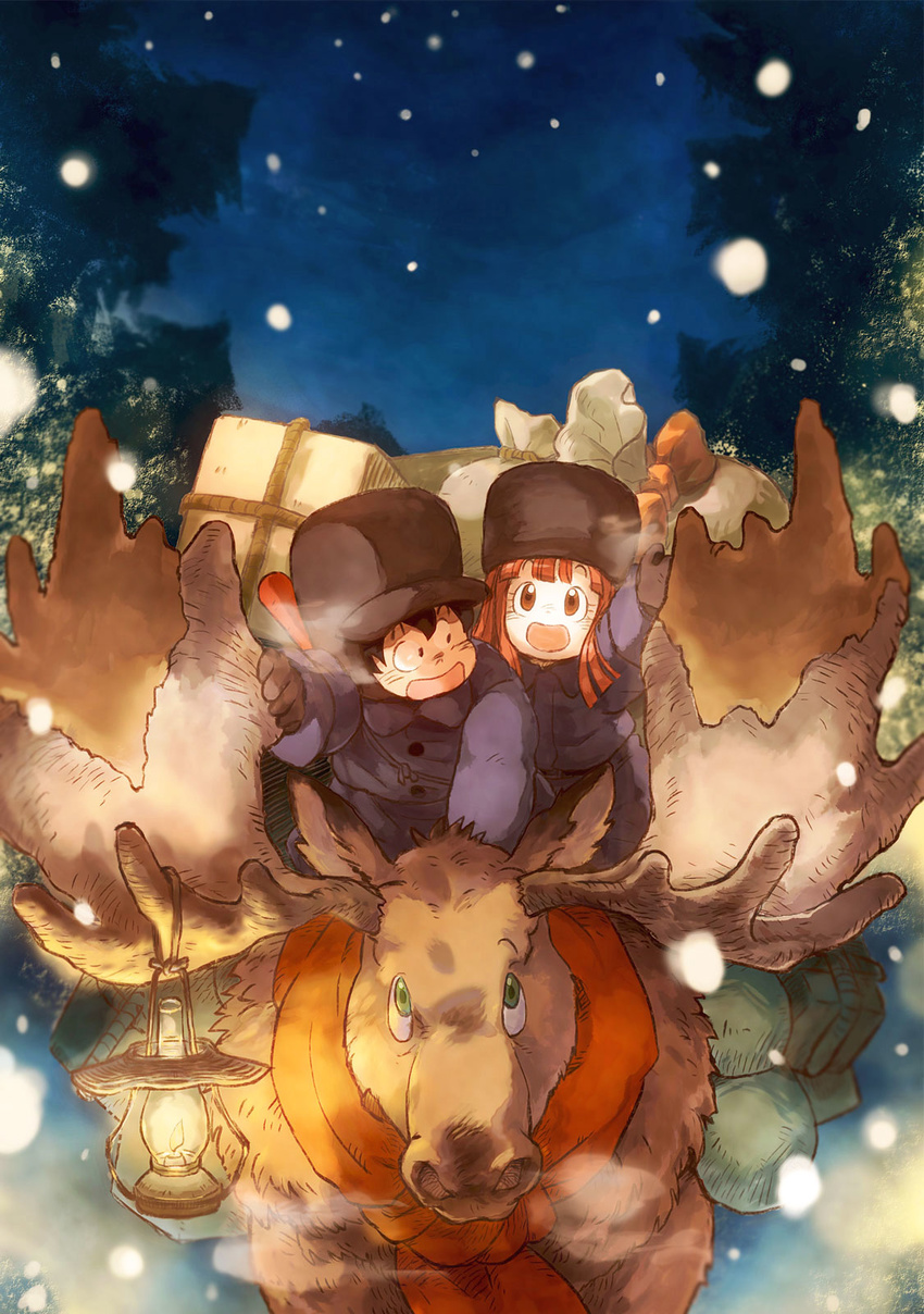 1girl antlers black_hair box breath brown_eyes coat dragon_ball gloves green_eyes hat highres lantern long_hair makumaku red_hair reindeer sack snowing son_gokuu suno_(dragon_ball) winter_clothes