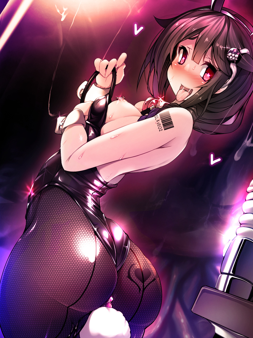 alternate_eye_color anal anal_object_insertion anal_tail animal_ears ass barcode_tattoo bare_shoulders blush breasts bunny_ears bunny_girl bunny_tail bunnysuit butt_plug collar corruption dark_persona fake_tail fishnet_pantyhose fishnets heart heart-shaped_pupils heart_tattoo highres kantai_collection looking_at_viewer looking_back nipple_piercing nipples object_insertion open_mouth pantyhose piercing red_eyes shigure_(kantai_collection) shinkaisei-kan short_hair small_breasts solo symbol-shaped_pupils tail tattoo tongue tongue_out torisan wrist_cuffs