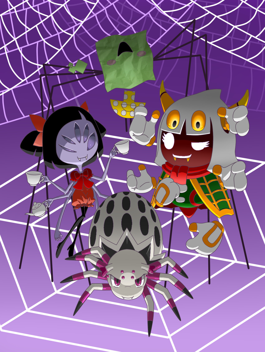 animal_humanoid arachnid arthropod black_hair blush blush_stickers clothing crossover dress eyeless fangs female feral grey_eyes group hair hair_bow hair_ribbon humanoid kirby_(series) kumo_desu_ga_nani_ka? kumoko mario_bros mimi_(mario) muffet multi_arm multi_eye multi_leg multi_limb nintendo noseless paper_mario purple_eyes ribbons smile spider spider_humanoid spider_web taranza tea_cup tea_pot undertale video_games white_eyes white_hair yellow_eyes 星砂