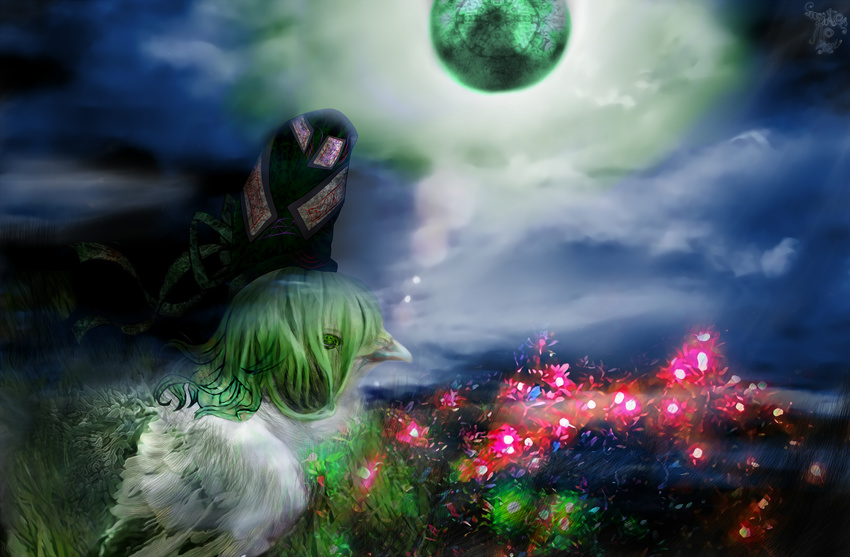 bad_revision bird bird_wings bow chick chicken commentary english_commentary fireflies grass green green_eyes green_hair green_sky hat highres huge_filesize looking_at_another md5_mismatch moon moonlight nature night night_sky no_humans sky soga_no_tojiko soggates-nyan_(amurka-chan) solo tate_eboshi touhou wings