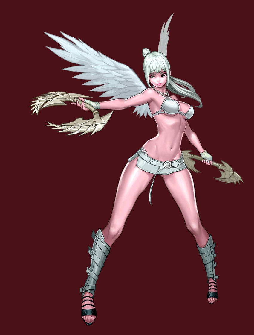 armor armpits ass_visible_through_thighs bangs bare_shoulders bikini_armor black_eyes breasts chain closed_mouth dual_wielding feathered_wings fingerless_gloves full_body gloves groin high_ponytail highres holding holding_weapon long_hair looking_away looking_to_the_side mabinogi mabinogi_heroes medium_breasts microskirt navel preter shin_guards silver_hair skirt solo standing stomach underboob weapon white_gloves white_phoenix_wing white_wings wings