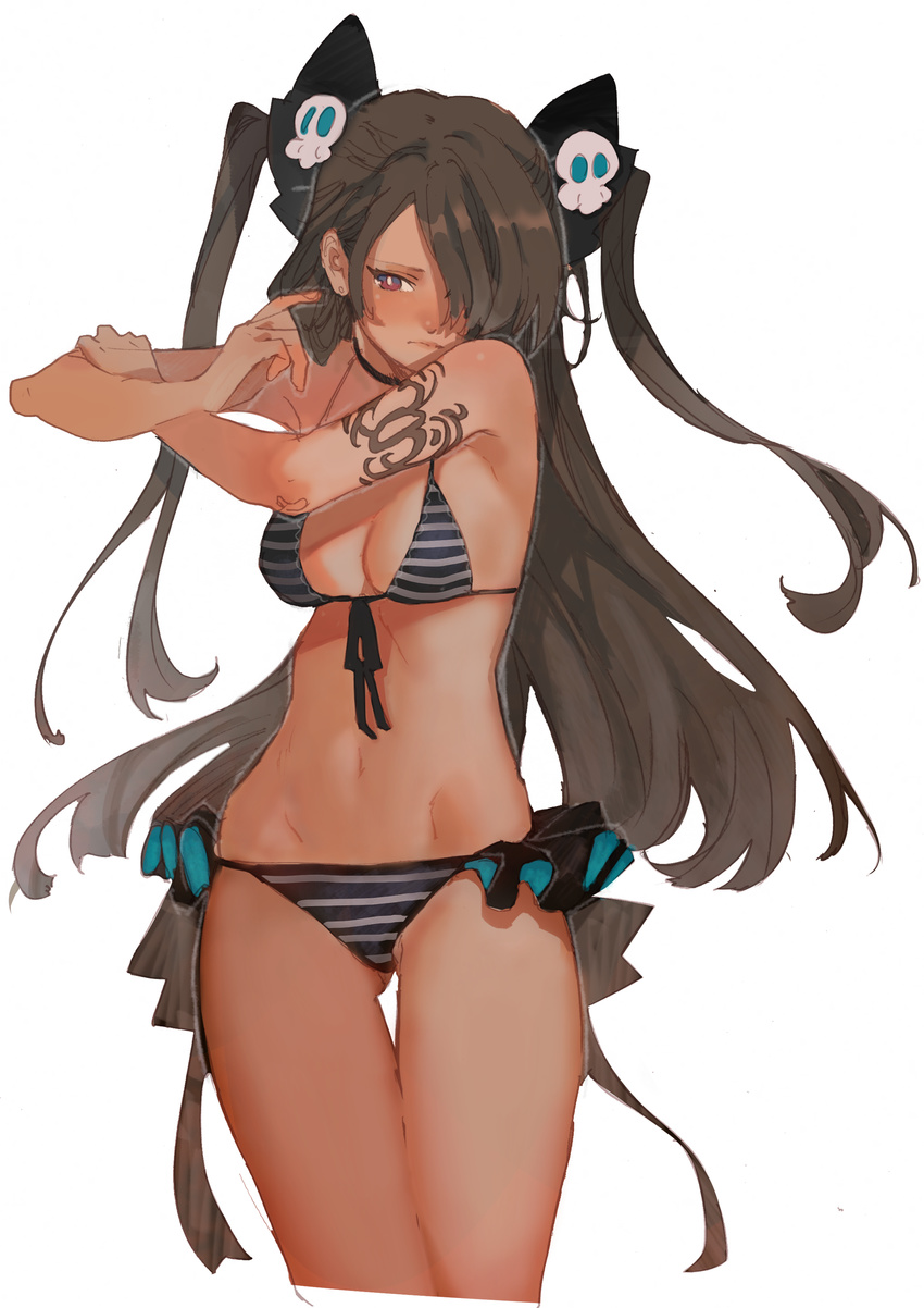 absurdres arutera ass_visible_through_thighs bad_id bad_pixiv_id banned_artist bikini bow breasts bright_pupils brown_hair character_request cleavage cropped_legs earrings front-tie_bikini front-tie_top hair_bow hair_ornament hair_over_one_eye highres jewelry long_hair medium_breasts navel original purple_eyes simple_background skull_hair_ornament solo striped striped_bikini swimsuit tattoo thigh_gap two_side_up white_background white_pupils