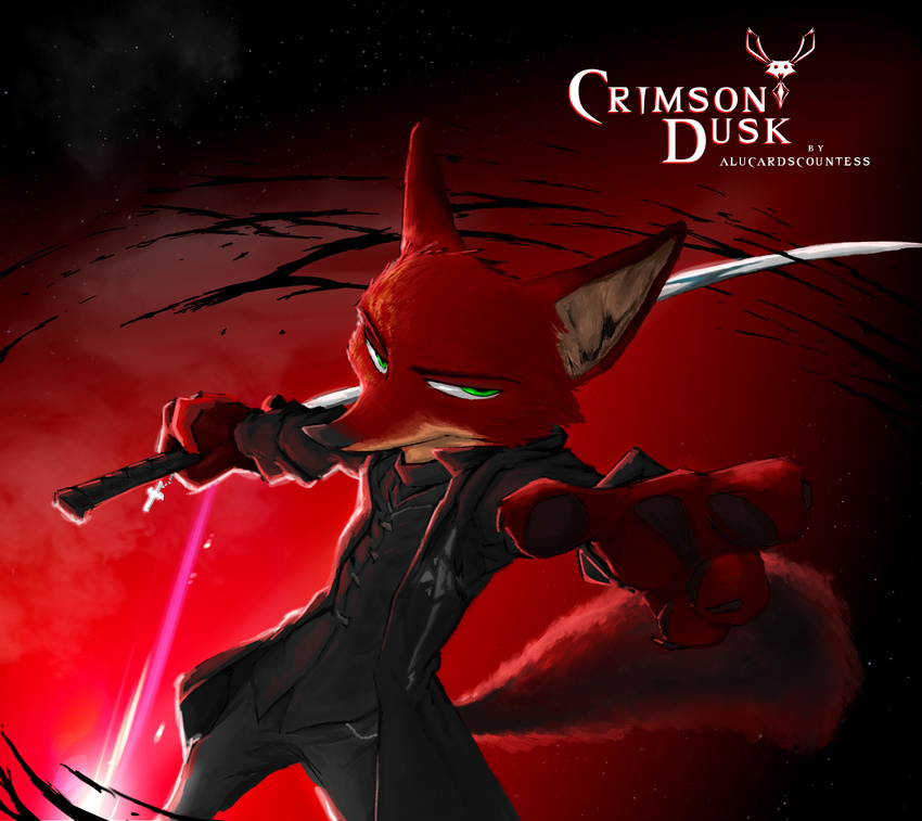 2016 absurd_res anthro canine clothed clothing cross disney english_text fanfic_art fox green_eyes hi_res holding_object holding_weapon jacket katana looking_at_viewer male mammal melee_weapon nick_wilde sky solo star sword text thewyvernsweaver weapon zootopia