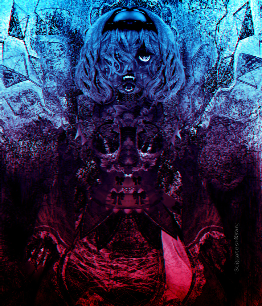 absurdres alice_margatroid anaglyph artist_name blonde_hair blood bloody_hands blue bow commentary crystal dark dress english_commentary fangs ghoul hairband highres horror_(theme) huge_filesize jewelry lolita_hairband magic md5_mismatch monster necklace open_mouth perfect_cherry_blossom red red_bow sash short_hair soggates-nyan_(amurka-chan) solo text_focus thread tongue touhou yellow_eyes