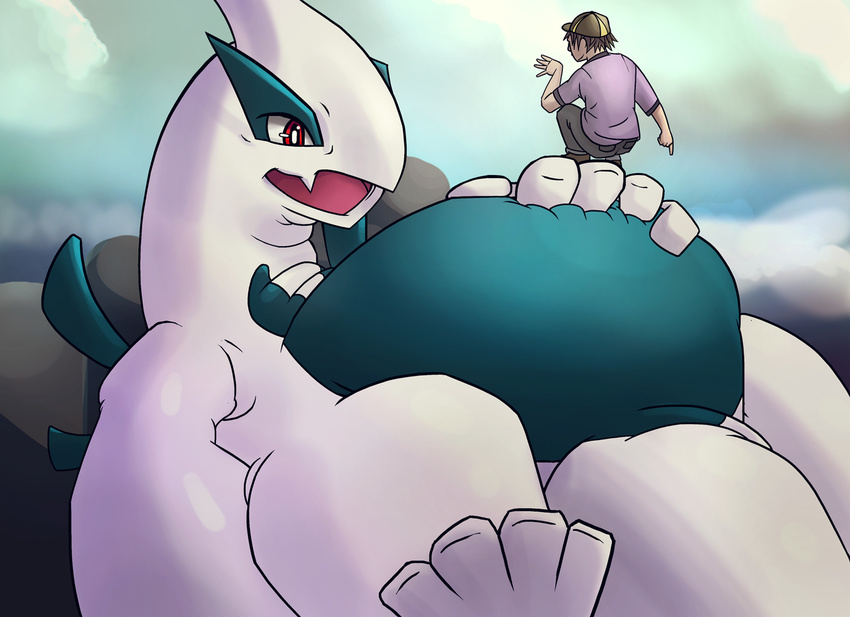 2016 beast_(disambiguation) belly big_(disambiguation) big_belly clothing hug human invalid_tag legendary_pok&eacute;mon lugia male mammal nintendo overweight overweight_male pok&eacute;mon size_difference steen thick_thighs video_games water wings