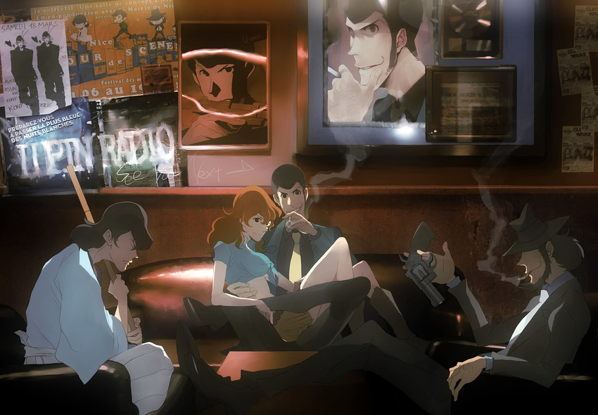 3boys arsene_lupin_iii beard boots cigarette crop_top facial_hair fedora formal french front-tie_top green_jacket gun handgun hat highres ishikawa_goemon_xiii jacket jigen_daisuke long_hair lupin_iii midriff mine_fujiko multiple_boys necktie red_hair revolver shirt sideburns skirt smile smoking suit tied_shirt weapon yellow_neckwear zz