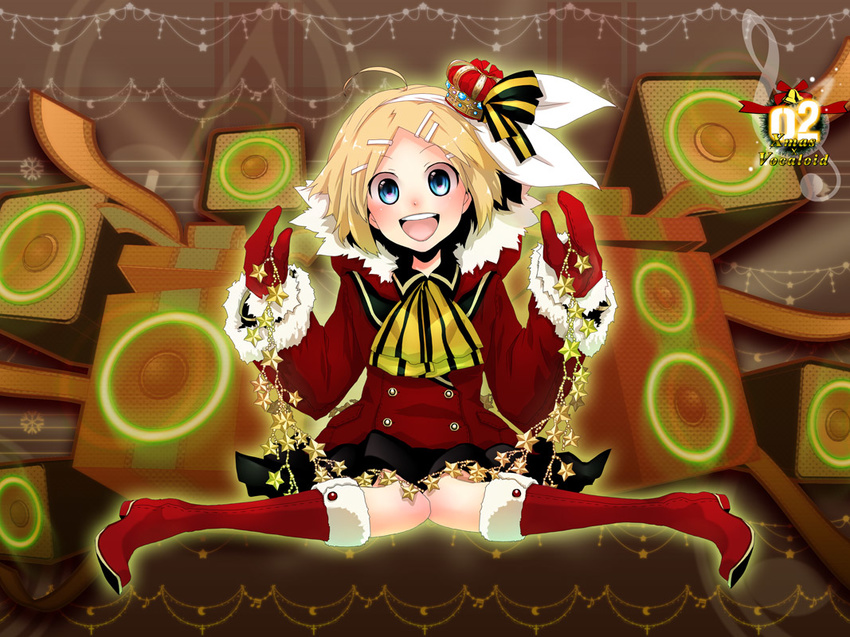 ahoge blonde_hair blue_eyes boots christmas crown hair_ornament hair_ribbon hairclip kagamine_rin mittens plastick ribbon short_hair sitting skirt smile solo speaker star vocaloid