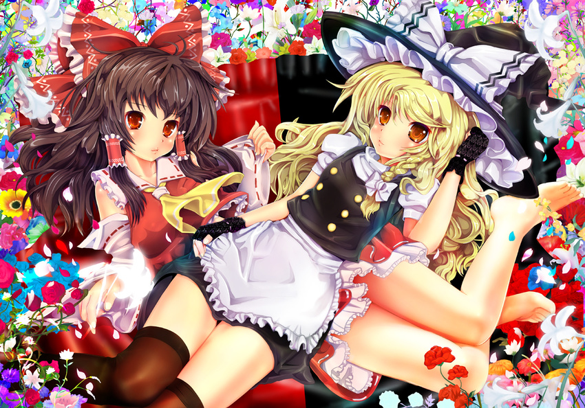 barefoot black_hair blonde_hair brown_eyes detached_sleeves fingerless_gloves flower gloves hakurei_reimu hat japanese_clothes kirisame_marisa lying multiple_girls teruru thighhighs touhou witch_hat