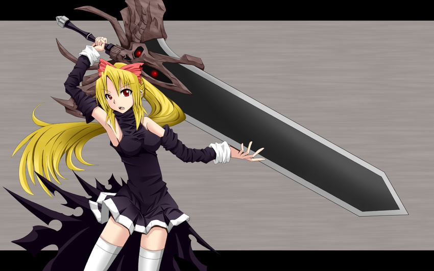 blonde_hair bow detached_sleeves dress elbow_gloves gloves huge_weapon macha needless ponytail seto_(needless) solo sword thighhighs wallpaper weapon zettai_ryouiki