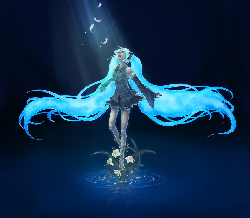 aqua_hair closed_eyes daffodil detached_sleeves feathers flower hatsune_miku long_hair necktie qoo_(pixiv120340) solo twintails vocaloid water wings