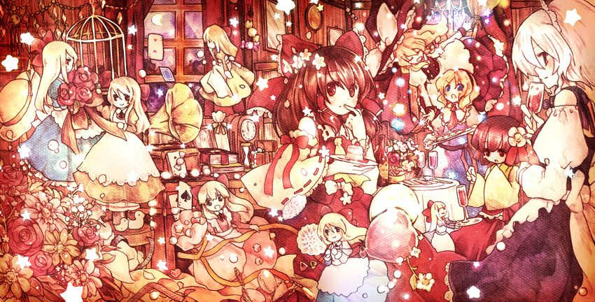 alcohol alice_margatroid balloon blonde_hair cake card clock doll floating_card flower food hakurei_reimu hanada_hyou hieda_no_akyuu highres hourai_doll hourglass izayoi_sakuya kirisame_marisa mirror multiple_girls phonograph playing_card shanghai_doll star touhou window wine