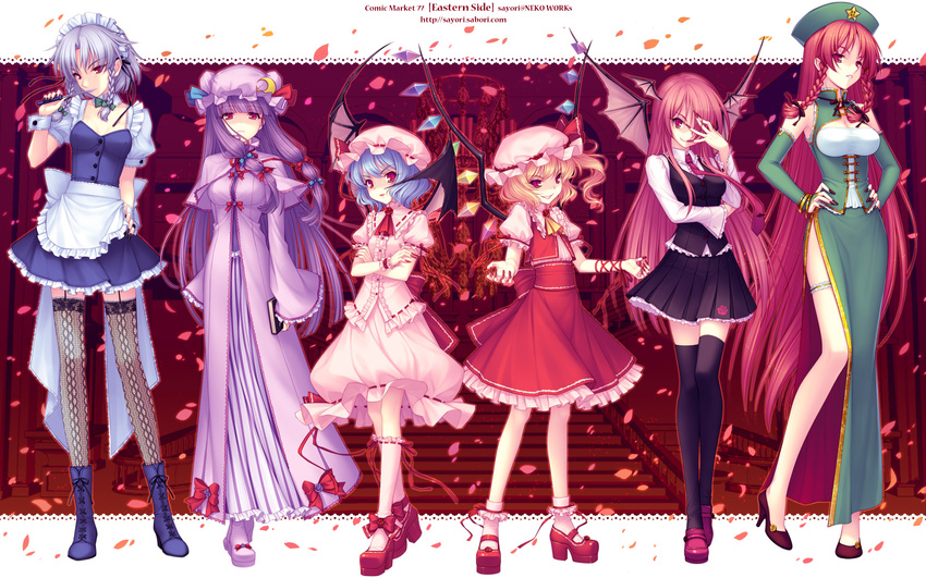 adapted_costume arm_ribbon bat_wings black_legwear black_nails blonde_hair blue_hair boots braid china_dress chinese_clothes crescent dress fingernails flandre_scarlet framed_breasts garter_straps garters hat head_wings high_heels highres hong_meiling izayoi_sakuya knife koakuma leg_garter legs long_fingernails long_hair maid maid_headdress multiple_girls nail_polish patchouli_knowledge pink_nails pleated_skirt ponytail purple_hair purple_nails red_eyes red_hair red_nails remilia_scarlet ribbon sayori shoes short_hair siblings side_ponytail side_slit silver_hair sisters skirt slit_pupils thighhighs touhou twin_braids wallpaper wings wrist_cuffs zettai_ryouiki