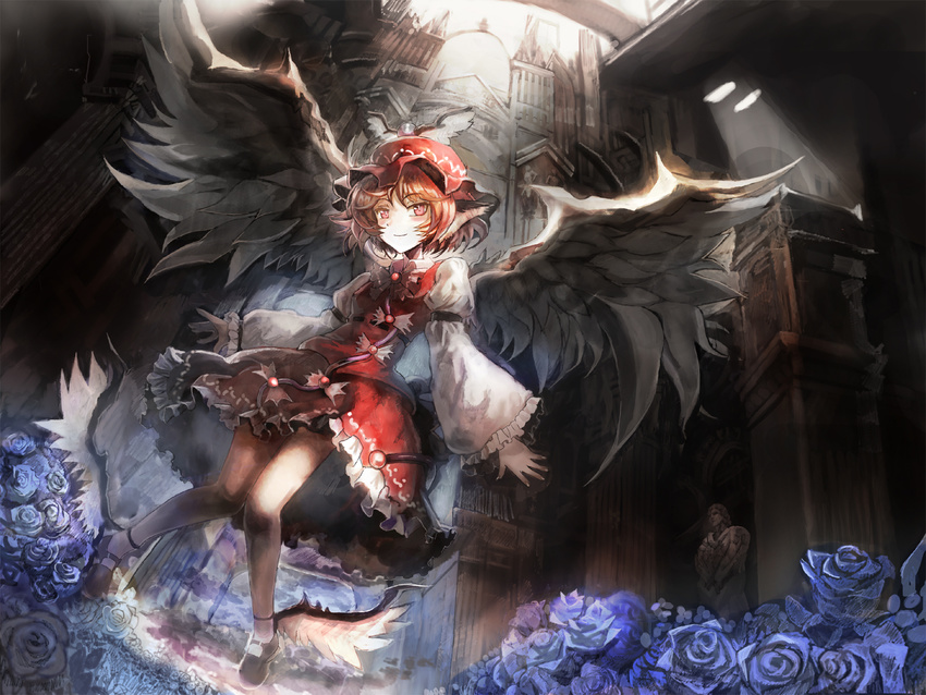 alternate_hair_color animal_ears anklet arm_garter bird black_wings blue_flower blue_rose blush bonnet bow bowtie brown_hair dutch_angle fingernails flower flying hat highres jewelry knees_touching mystia_lorelei pink_eyes puffy_sleeves rose short_hair skirt smile solo touhou ultimate_asuka vest wings