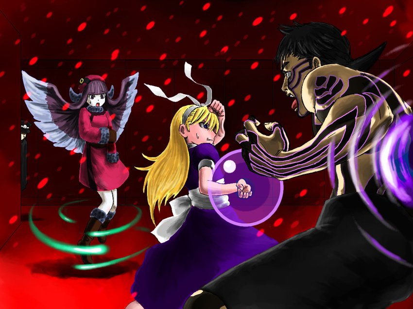 ald alice_(megami_tensei) black_hair blonde_hair blue_eyes boots devil_summoner dress gloves hair_ribbon hat hitoshura kuzunoha_raidou long_hair mou_shobou multiple_girls purple_hair ribbon shin_megami_tensei shin_megami_tensei_iii:_nocturne short_hair tattoo wings