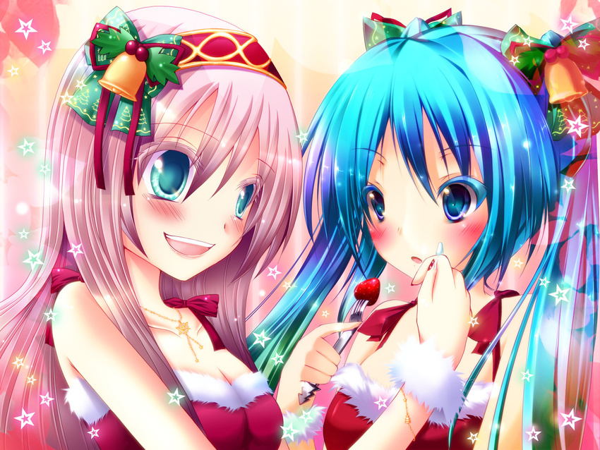 aqua_eyes aqua_hair bad_id bad_pixiv_id bell blush breasts cleavage food fork fruit hair_ornament hair_ribbon hairband hatsune_miku highres long_hair medium_breasts megurine_luka meiya_neon multiple_girls pink_hair ribbon santa_costume smile strawberry twintails vocaloid