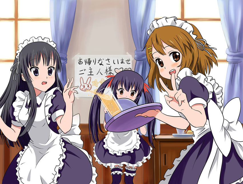 akiyama_mio alternate_costume enmaided glass hairband hirasawa_yui k-on! maid multiple_girls nakano_azusa ribbon short_hair spill thighhighs tray v windtalker