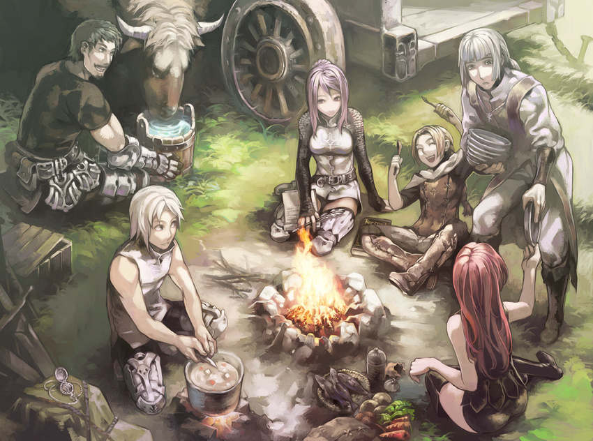 4boys aoin armor beard book boots bowl brown_hair bucket bull carrot facial_hair fantasy fire fish food fork knee_boots knife long_hair multiple_boys multiple_girls mustache original petite pocket_watch pot purple_hair red_hair thigh_boots thighhighs watch water white_hair zettai_ryouiki