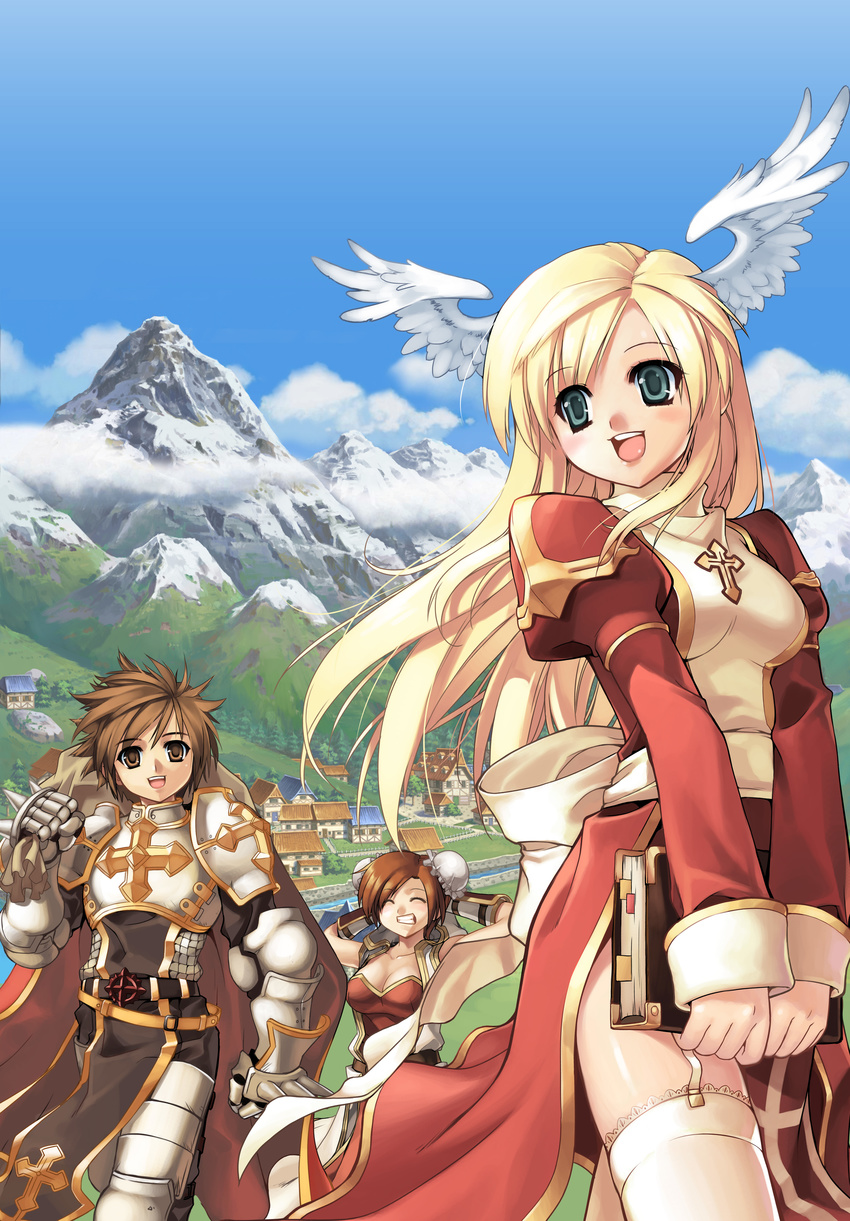 2girls absurdres armor artist_request blonde_hair book champion green_eyes high_priest highres lord_knight multiple_girls ragnarok_online thighhighs wings