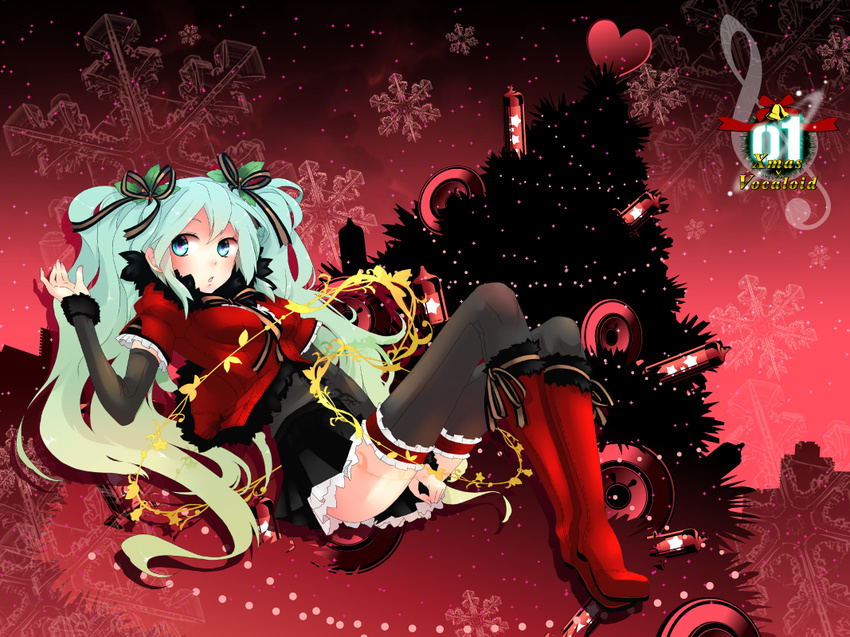 aqua_eyes aqua_hair boots christmas detached_sleeves hair_ribbon hatsune_miku long_hair plastick ribbon santa_costume solo thighhighs twintails vocaloid zettai_ryouiki