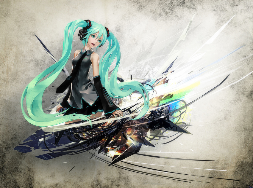 aqua_eyes aqua_hair bare_shoulders breasts detached_sleeves hair_ornament hatsune_miku headphones highres last_night_good_night_(vocaloid) long_hair miniskirt necktie open_mouth redjuice skirt small_breasts solo tattoo twintails very_long_hair vocaloid wallpaper