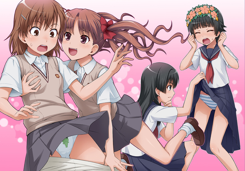 animal_print assisted_exposure black_hair blush bow bow_panties breast_grab breasts brown_hair chin_grab closed_eyes embarrassed face flower frog frog_panties frog_print front-print_panties gekota grabbing ha-ru hair_bow hair_ornament head_wreath humiliation misaka_mikoto multiple_girls open_mouth panties pantsing print_panties saten_ruiko shirai_kuroko skirt skirt_lift small_breasts striped striped_panties to_aru_kagaku_no_railgun to_aru_majutsu_no_index uiharu_kazari underwear undressing upskirt white_panties yuri