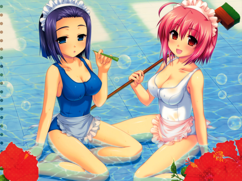 :o absurdres alpha_(yukai_na_nakamatachi) apron blue_eyes blue_hair blush breasts bubble bubble_blowing bubble_pipe cleaning_brush cleavage collarbone copyright_request flower hibiscus highres impossible_clothes impossible_swimsuit large_breasts maid maid_headdress multiple_girls one-piece_swimsuit open_mouth pink_hair red_eyes school_swimsuit short_hair sitting smile submerged swimsuit wariza water wet white_school_swimsuit white_swimsuit yokozuwari