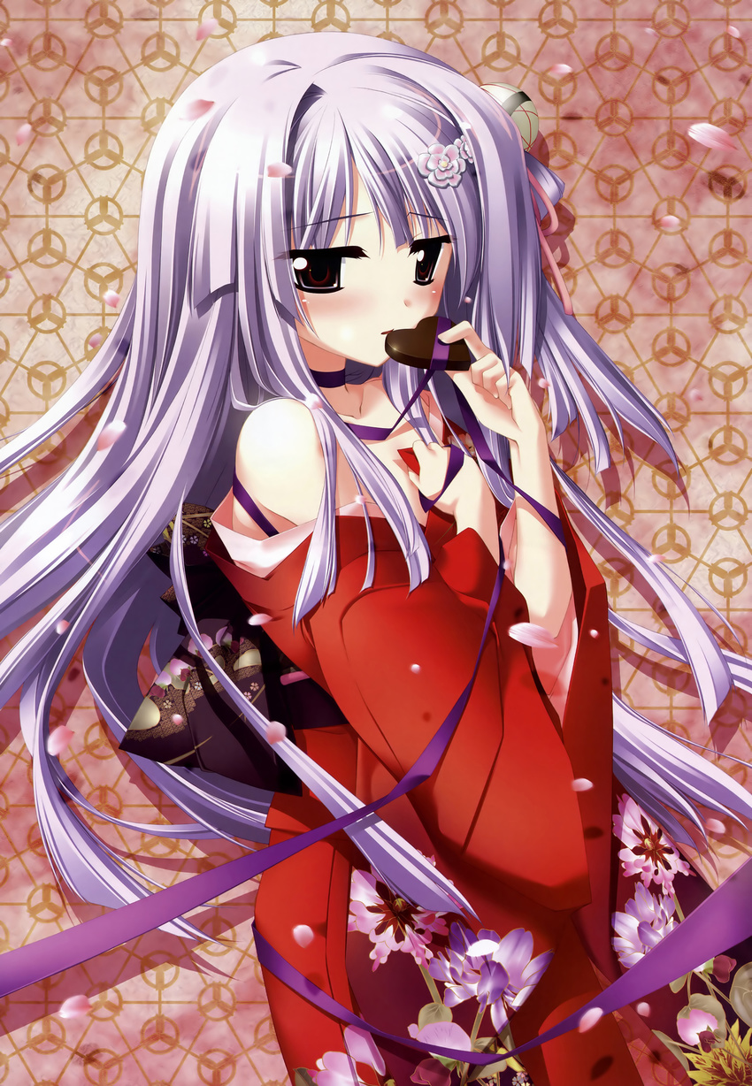 absurdres asanagi_no_aquanauts bare_shoulders blush cherry_blossoms chocolate chocolate_heart hair_ornament heart highres hime_cut japanese_clothes kimono long_hair minazuki_haruka non-web_source purple_hair red_eyes red_kimono ribbon shiratama_kanaka silver_hair solo valentine yamino_kenji yukata