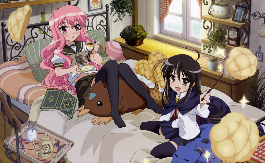 absurdres alastor_(shakugan_no_shana) bed book bread company_connection cosplay costume_switch crossover doll food highres j.c._staff jewelry kugimiya_rie louise_francoise_le_blanc_de_la_valliere louise_francoise_le_blanc_de_la_valliere_(cosplay) melon_bread multiple_girls ootsuka_mai pendant picnic_basket pillow seiyuu_connection shakugan_no_shana shana shana_(cosplay) tea thighhighs wand zero_no_tsukaima