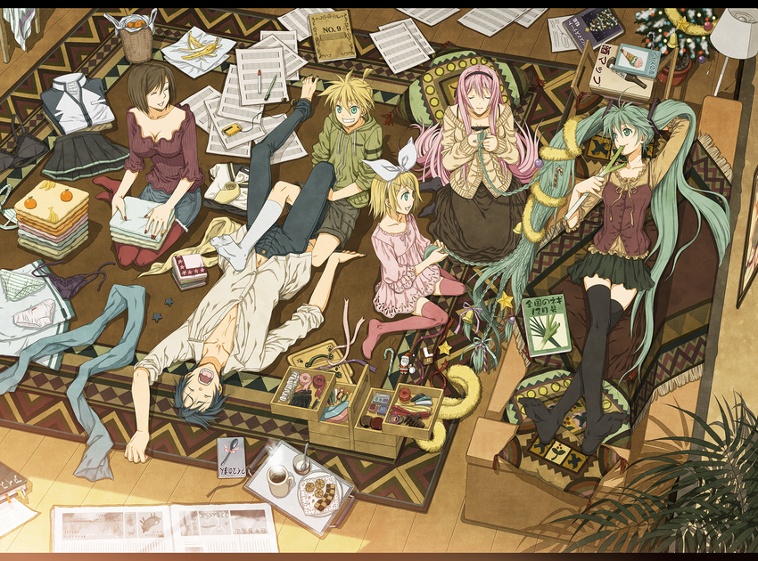 4girls aqua_eyes bad_id bad_pixiv_id banana barefoot bell black_legwear blonde_hair blue_hair book bow bra braid breasts brown_hair candy casual checkerboard_cookie christmas christmas_tree cleavage closed_eyes cookie cup dress earphones everyone feet food from_above fruit grin hair_bow hair_ornament hair_ribbon hairband hairclip hatsune_miku highres hood hoodie indoors kagamine_len kagamine_rin kaito lamp legs lingerie long_hair lying medium_breasts megurine_luka meiko multiple_boys multiple_girls on_back open_mouth orange panties pantyhose pen pillow pink_hair red_legwear ribbon scarf sheet_music short_dress short_hair shorts sitting skirt sleeping sleeves_pushed_up sleeves_rolled_up small_breasts smile spoon star submission_hold tape tea thighhighs towel twintails underwear very_long_hair vocaloid wrestling yuuno_(yukioka) zettai_ryouiki