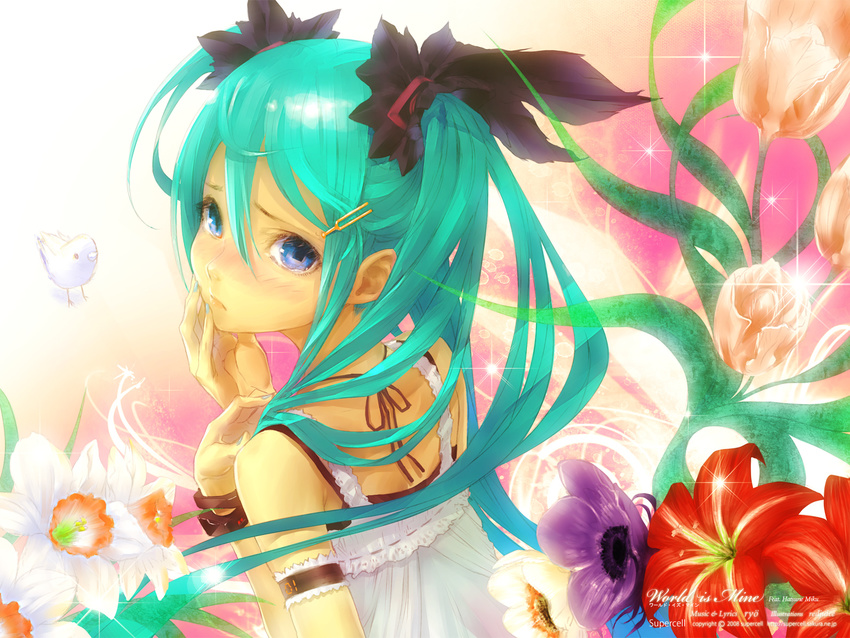 bird blue_eyes daffodil flower from_behind from_side green_hair hair_ornament hairclip hand_on_own_cheek hatsune_miku highres lily_(flower) long_hair looking_at_viewer looking_back redjuice solo sparkle supercell tears tulip twintails upper_body vocaloid wallpaper world_is_mine_(vocaloid)