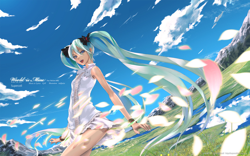 blue_eyes day green_hair hatsune_miku highres long_hair nature outdoors petals redjuice scenery solo supercell twintails vocaloid wallpaper world_is_mine_(vocaloid)