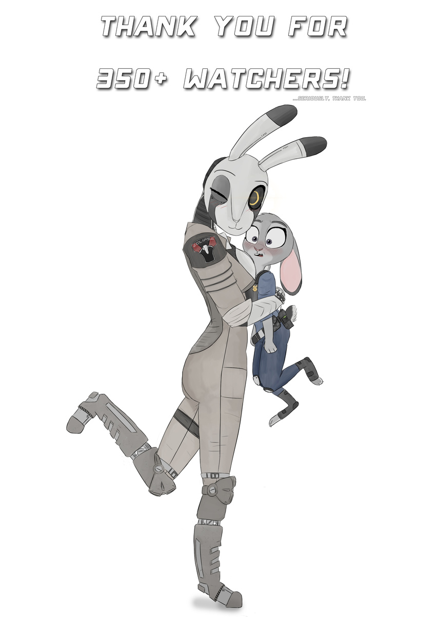 2016 anthro blush breasts carrying clothed clothing disney duo english_text female hug judy_hopps lagomorph looking_at_viewer machine mammal one_eye_closed police_badge police_uniform rabbit raised_leg robot simple_background standing text uniform white_background wink yitexity zootopia