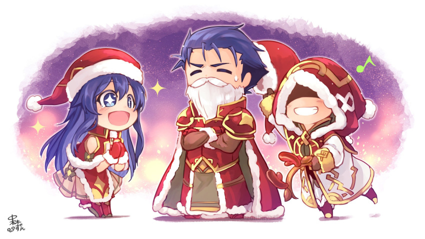 +_+ 1boy 1girl 1other antlers armor beard blue_eyes blue_hair cape crossed_arms eyes_closed facial_hair fake_beard fake_facial_hair fake_mustache father_and_daughter fire_emblem fire_emblem:_fuuin_no_tsurugi fire_emblem:_rekka_no_ken fire_emblem_heroes fur_trim grin hat hector_(fire_emblem) highres holding holding_hat hood hood_up lilina long_hair long_sleeves mittens mustache nakabayashi_zun nintendo open_mouth own_hands_together pom_pom_(clothes) red_hat red_mittens reindeer_antlers robe santa_costume short_hair signature smile summoner_(fire_emblem_heroes)