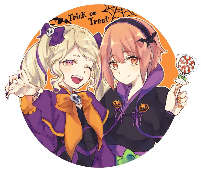 aomeeso blonde_hair candy elise_(fire_emblem_if) fangs fingernails fire_emblem fire_emblem_if food hair_ribbon halloween halloween_costume lollipop long_hair looking_at_viewer multicolored_hair multiple_girls nail_polish one_eye_closed pink_eyes pink_hair purple_hair purple_nails ribbon sakura_(fire_emblem_if) sharp_fingernails streaked_hair swirl_lollipop