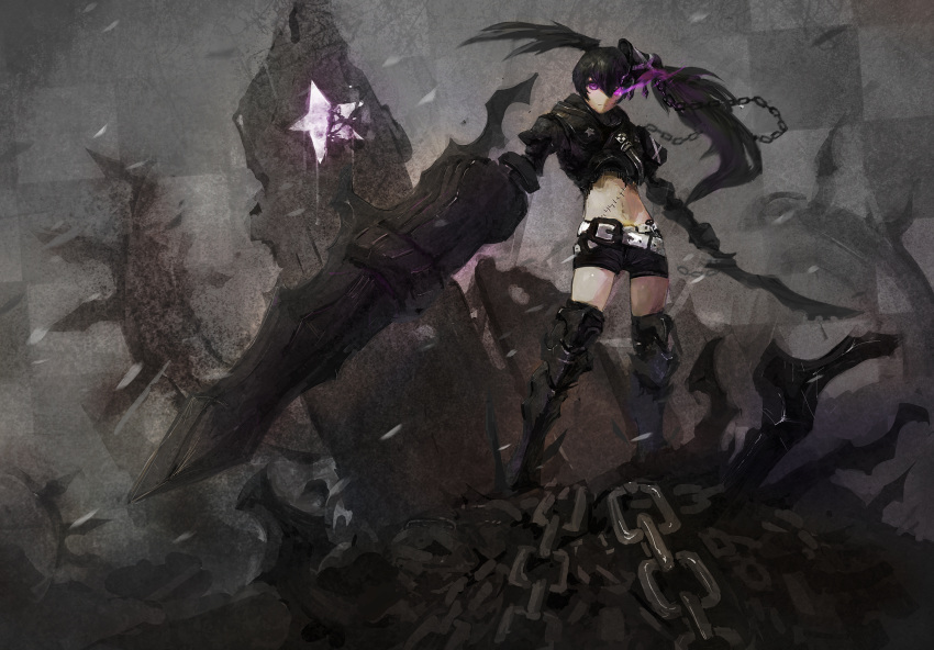 1girl armor belt black_hair black_rock_shooter black_rock_shooter_(character) boots burning_eye chains checkered commentary gauntlets greaves grey_background highres huge_weapon insane_black_rock_shooter long_hair loose_belt navel purple_eyes rock scar shorts solo sword thighhighs twilight_pharmacist twintails uneven_twintails weapon