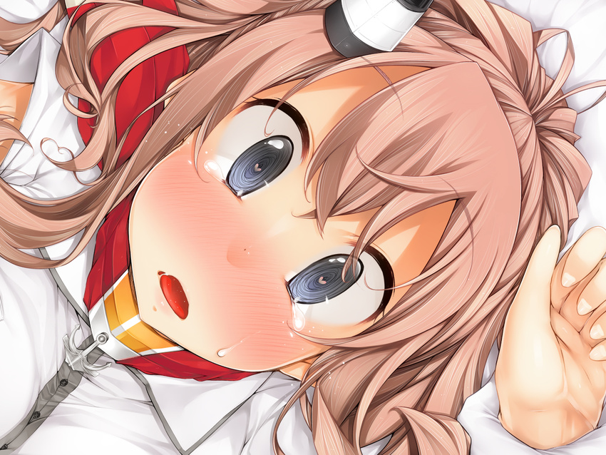 anchor arms_up bed blue_eyes blush breasts brown_hair buttons crying crying_with_eyes_open gloves hair_ornament hat heart heart-shaped_pupils holding kantai_collection long_hair looking_at_viewer medium_breasts open_mouth saratoga_(kantai_collection) serizawa_mutsuki smokestack solo_focus sweat symbol-shaped_pupils tears white_gloves wrist_grab