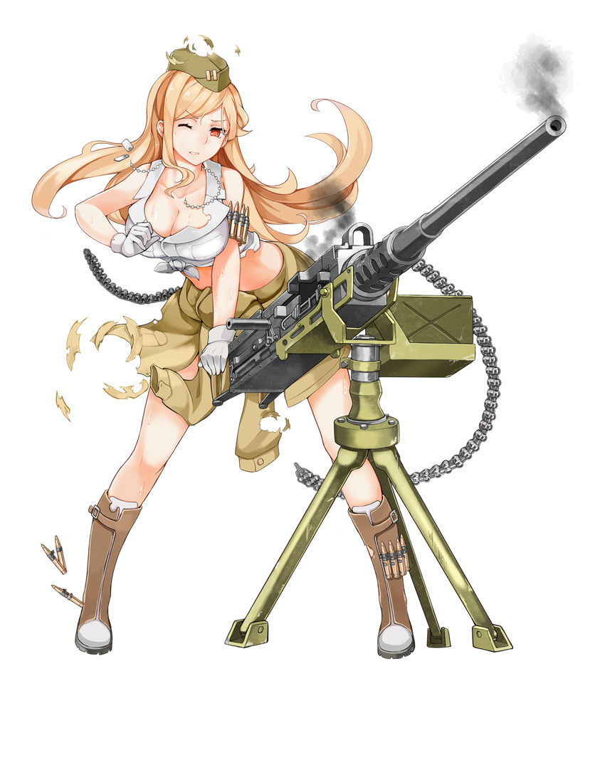 ammunition ammunition_belt blonde_hair boots breasts browning_m2 clothes_around_waist crop_top dog_tags front-tie_top full_body garrison_cap girls_frontline gun hat heavy_machine_gun highres jacket_around_waist large_breasts looking_at_viewer m2hb_(girls_frontline) machine_gun midriff official_art one_eye_closed orange_eyes parted_lips solo standing torn_clothes torn_jacket transparent_background weapon weapon_stand