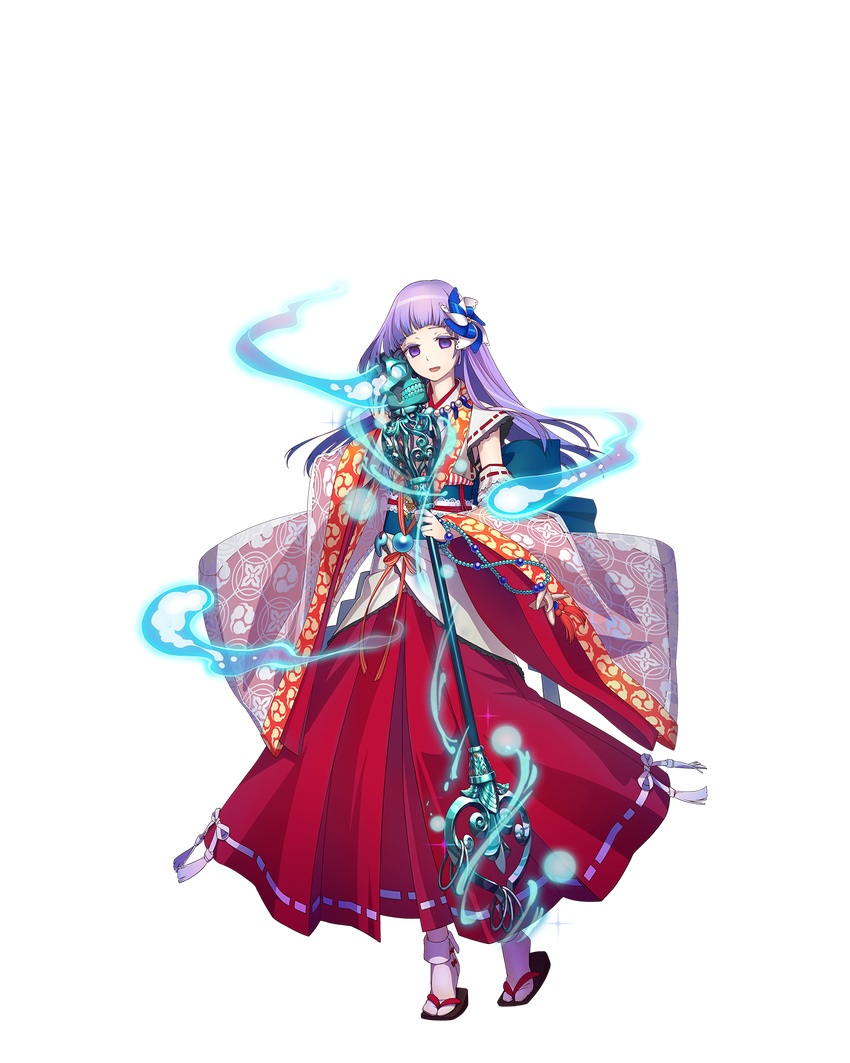 colored_eyelashes detached_sleeves full_body hair_ornament highres holding holding_staff long_hair magic official_art open_mouth purple_eyes purple_hair ribbon_trim royal_flash_heroes sandals solo staff transparent_background wide_sleeves
