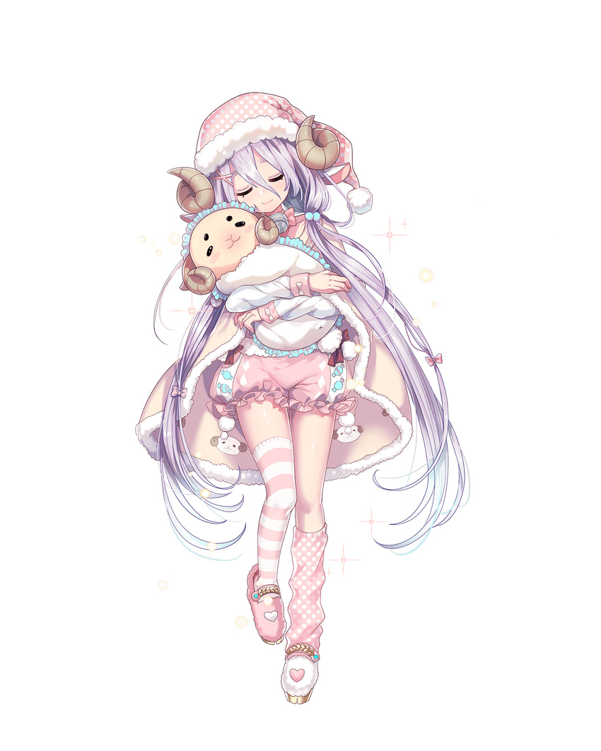 animal_ears closed_eyes crossed_arms full_body goat_ears goat_horns hat highres long_hair long_sleeves mismatched_legwear nightcap object_hug official_art oleyl pink_hair polka_dot polka_dot_legwear royal_flash_heroes smile solo striped striped_legwear stuffed_goat transparent_background twintails