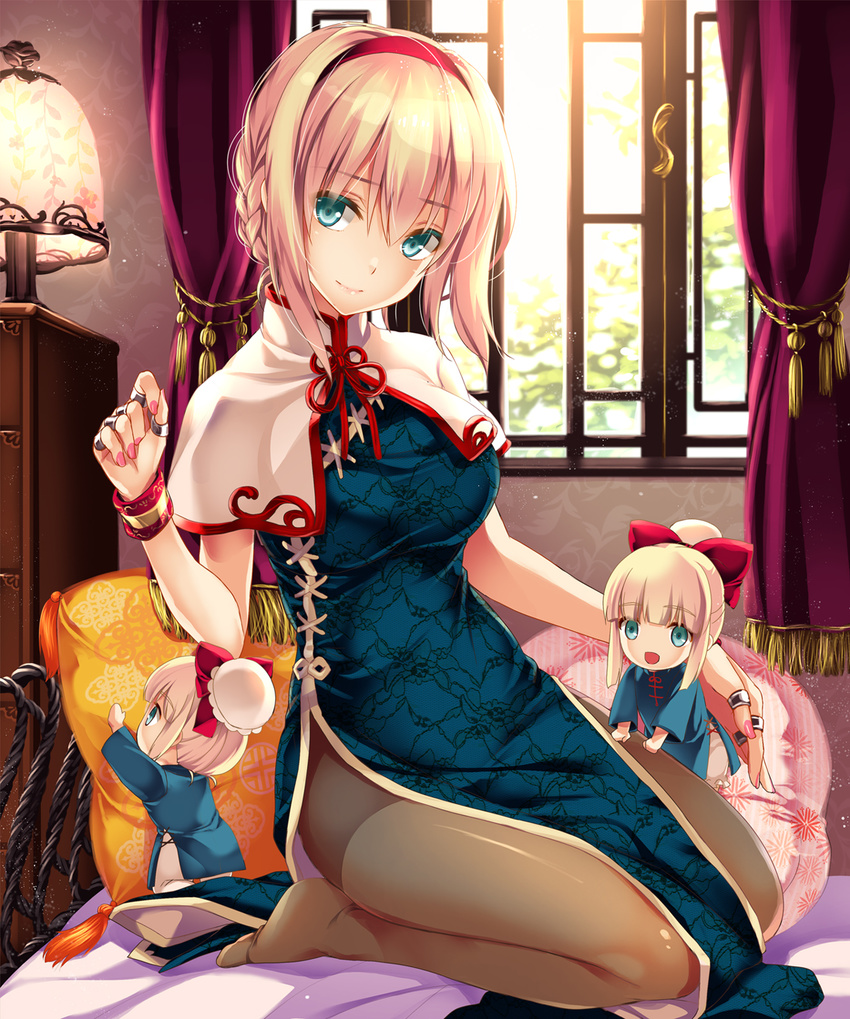 :d alice_margatroid alternate_costume alternate_hairstyle bangs blonde_hair blue_eyes braid bun_cover capelet china_dress chinese_clothes closed_mouth curtains dress full_body hair_between_eyes hairband highres indoors lamp looking_at_viewer matching_shanghai moneti_(daifuku) nail_polish no_shoes on_bed open_mouth pantyhose pelvic_curtain pillow pink_nails seiza shanghai_doll sitting smile solo tassel touhou window wrist_cuffs