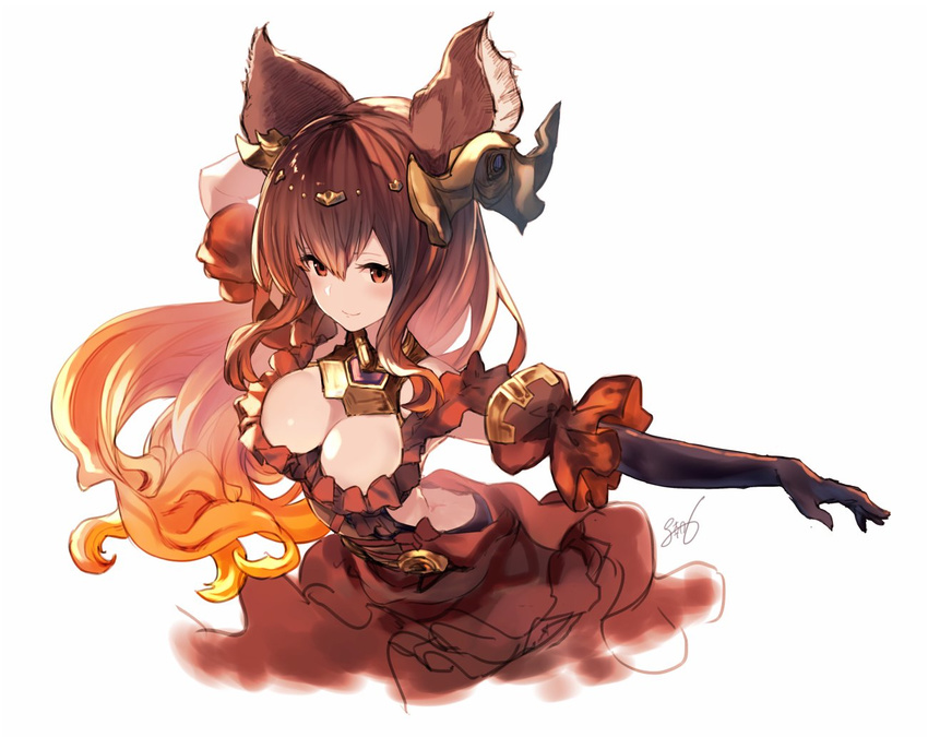 animal_ears anthuria arm_behind_head artist_name bangs black_gloves breasts brown_dress brown_eyes brown_hair cleavage commentary dress elbow_gloves erune frilled_dress frills gloves gradient_hair granblue_fantasy hair_between_eyes hair_ornament large_breasts long_hair looking_at_viewer multicolored_hair orange_hair puffy_short_sleeves puffy_sleeves short_sleeves signature simple_background solo wavy_hair white_background yoo_(tabi_no_shiori)