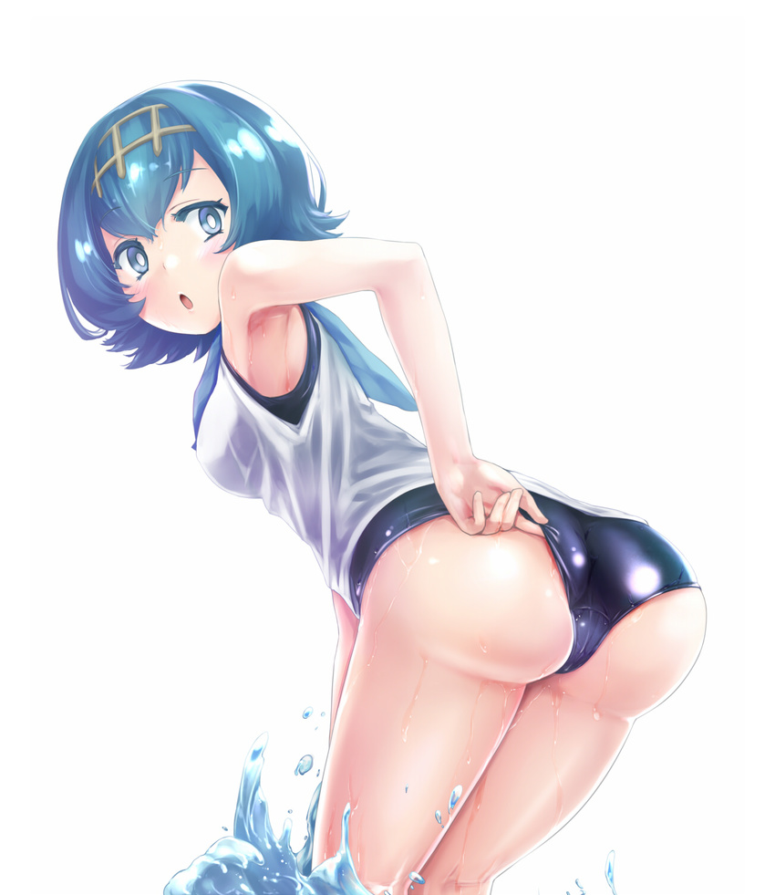 adjusting_clothes adjusting_swimsuit armpits ass blue_eyes blue_hair blue_sailor_collar bright_pupils hairband highres one-piece_swimsuit open_mouth pokemon pokemon_(game) pokemon_sm sailor_collar school_swimsuit shiny shiny_clothes short_hair sleeveless solo suiren_(pokemon) swimsuit swimsuit_under_clothes trial_captain tsuyukusa_aoi water