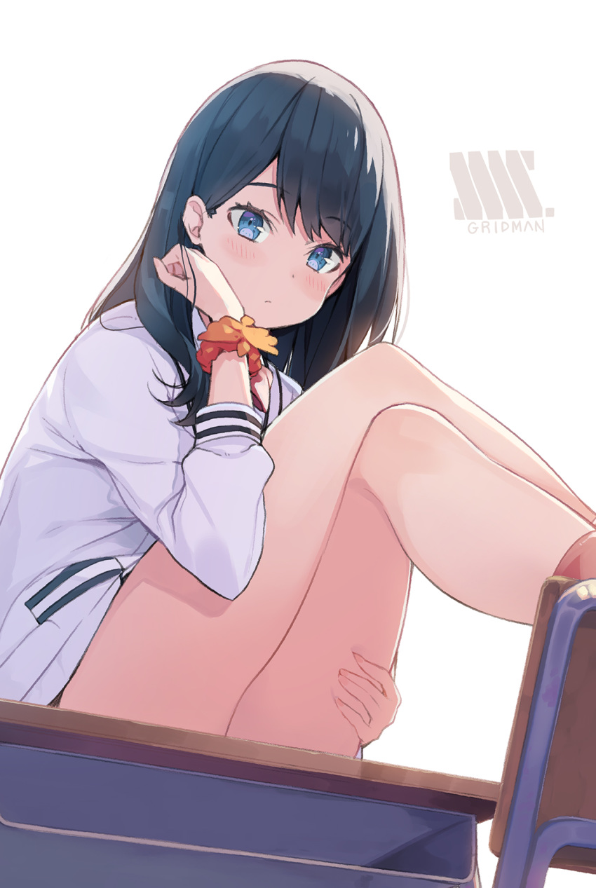 1girl backlighting bangs black_hair blue_eyes blush cardigan chair closed_mouth copyright_name desk expressionless eyebrows_visible_through_hair from_below hand_in_hair hand_on_own_thigh hand_up highres knees_up legs legs_crossed long_hair long_sleeves looking_at_viewer on_desk school_desk school_uniform scrunchie simple_background sitting sitting_on_desk solo ssss.gridman takarada_rikka tam-u thighs white_background wrist_scrunchie