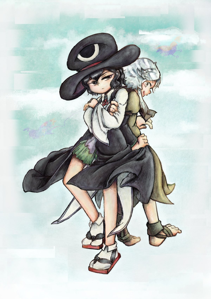 androgynous back-to-back big_hat black_hair bow brilliant_pagoda_or_haze_castle brown_coat chikafumikou coat crossed_arms detached_sleeves enraku_tsubakura geta grey_eyes hat highres houlen_yabusame len'en multiple_others open_mouth red_ribbon ribbon sandals short_hair short_hair_with_long_locks shorts silver_eyes silver_hair smile tabi top_hat