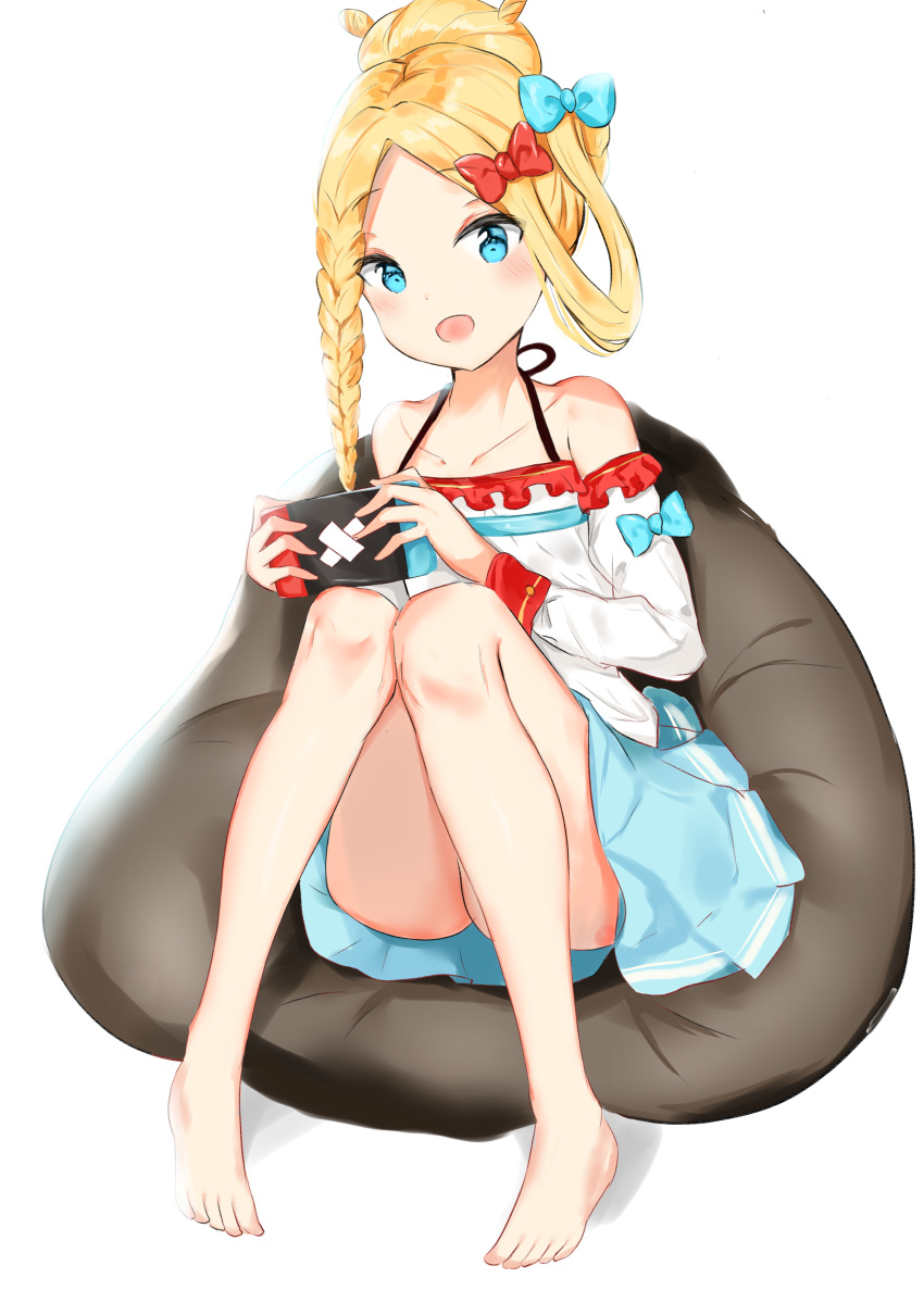 1girl :d abigail_williams_(fate/grand_order) absurdres ass bangs barefoot blue_bow blue_eyes blue_skirt blush bow braid collarbone commentary_request eyebrows_visible_through_hair fate/grand_order fate_(series) forehead hair_bow hair_bun halter_top halterneck highres holding holding_handheld_game_console long_hair long_sleeves looking_at_viewer nintendo_switch off-shoulder_shirt off_shoulder open_mouth parted_bangs pleated_skirt red_bow shirt side_braid single_braid sitting skirt smile solo white_background white_shirt yukaa