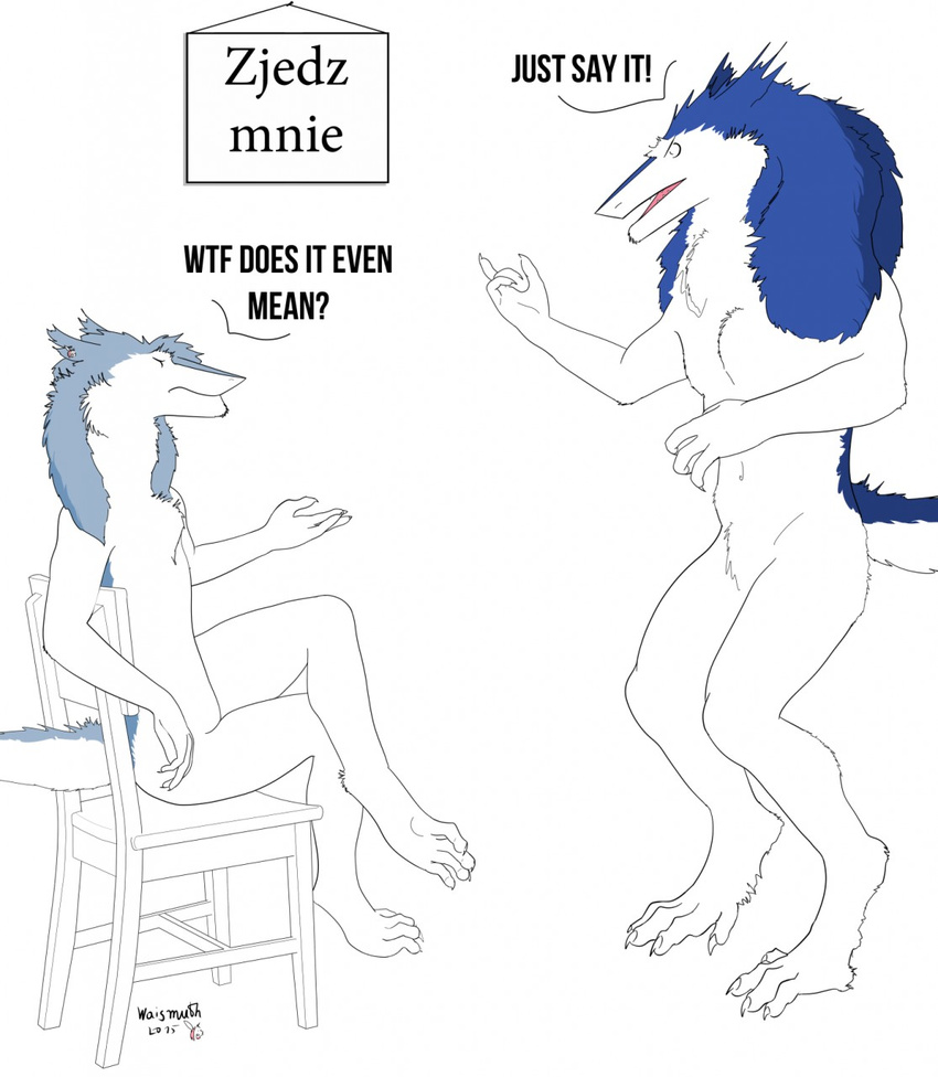 2015 blue_fur chair dialogue digital_media_(artwork) duo english_text female fur nude polish_text sergal simple_background text waismuth white_background white_fur