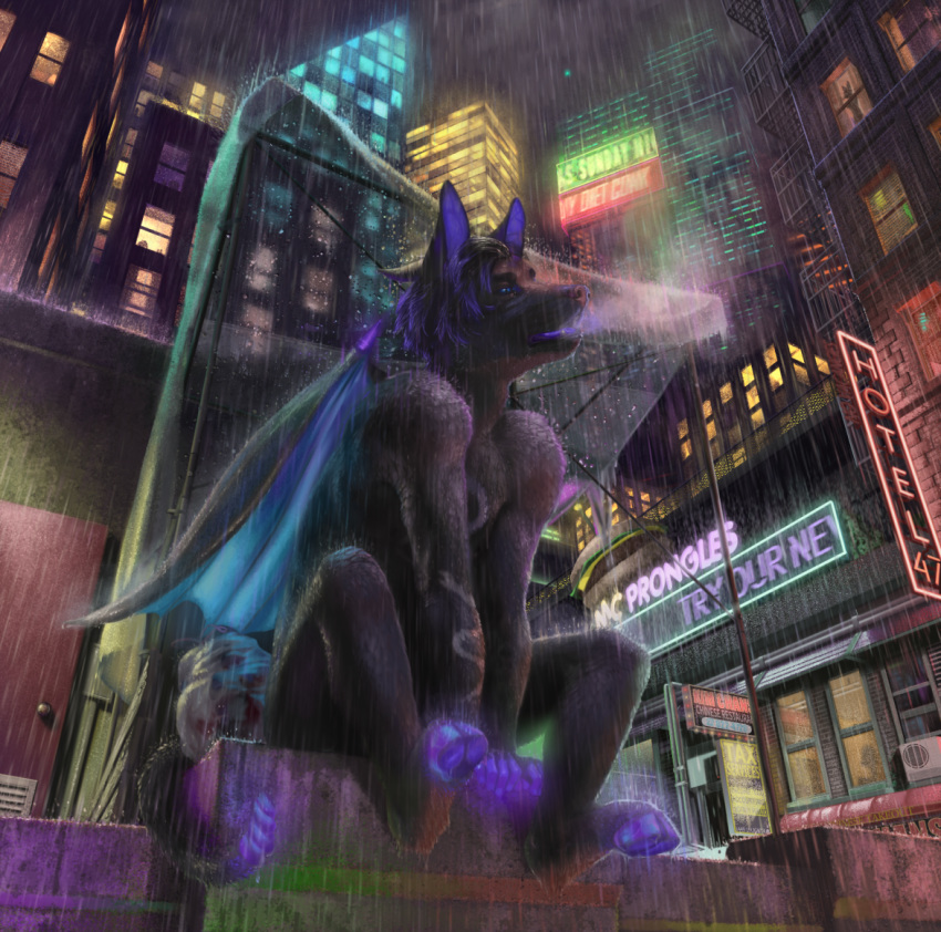 breath canid canine canis city demon detailed_background domestic_dog fuzzle_(artist) glowing hooves male mammal neon night raining solo tyfurischer wet wings
