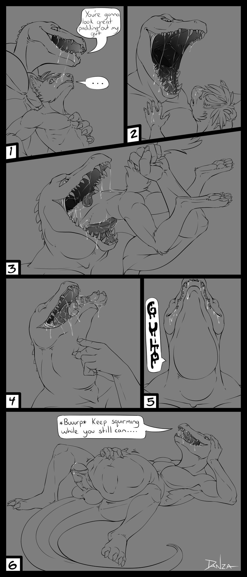 ... 2014 4_toes 5_fingers abdominal_bulge absurd_res anthro arm_support balls biceps big_tail burping canine claws comic conditional_dnp crocodile crocodilian danza dialogue digital_media_(artwork) digitigrade drooling duo eating english_text erection eyes_closed fluffy fluffy_tail grey_background greyscale hair hand_on_chest hand_on_stomach head_first hi_res hindpaw inner_ear_fluff larger_male leaning_on_elbow long_tail looking_down looking_up lying male mammal monochrome multiple_scenes muscular muscular_male neck_bulge nude on_back oral_vore pawpads paws pecs penis plantigrade precum reptile saliva scalie sharp_teeth signature simple_background size_difference sketch smaller_male speech_bubble swallowing tail_grab teeth text toe_claws toes tongue tongue_wrap vore wolf