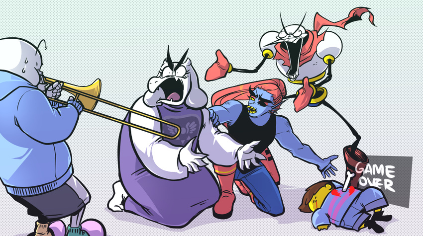 angry animated_skeleton anthro bone caprine death female fish goat human male mammal marine musical_instrument papyrus_(undertale) protagonist_(undertale) sans_(undertale) skeleton toriel trombone undead undertale undyne unknown_artist video_games